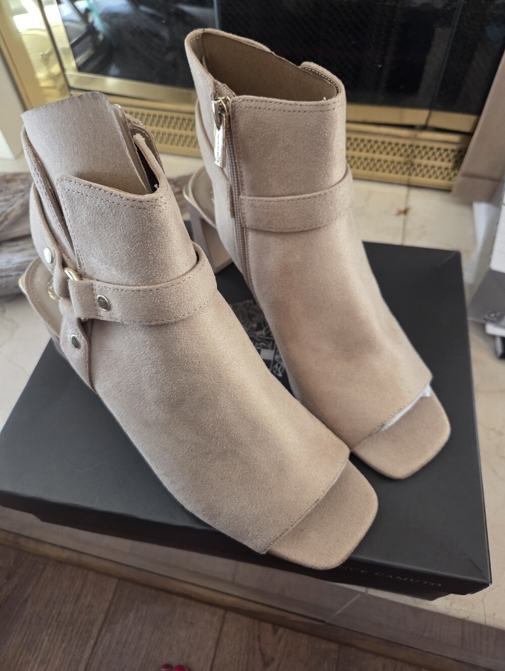 Vince Camuto Taupe Suede Open-Toe Ankle Booties - nib